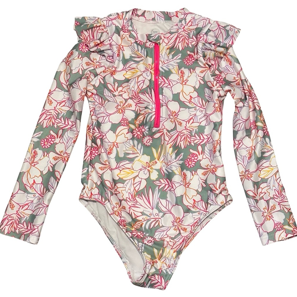 Wonder Nation Floral Long Sleeve Rash Guard Swimsuit One Piece Girls 5T